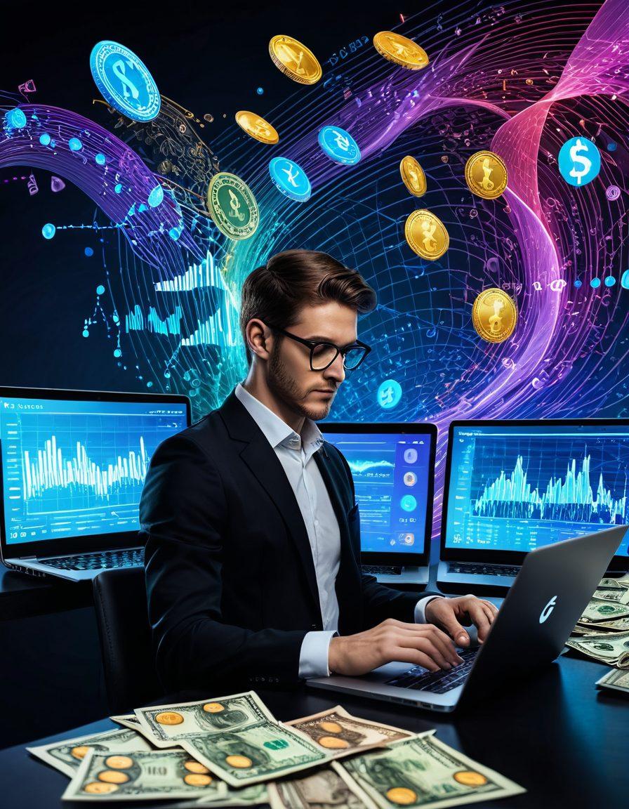A dynamic scene of a person using a laptop with virtual currency symbols swirling around them, conveying the speed and accessibility of online financial services. The background includes icons of banknotes, digital wallets, and futuristic bar graphs that signify financial growth and efficiency. The overall atmosphere should reflect trustworthiness and innovation. super-realistic. vibrant colors.
