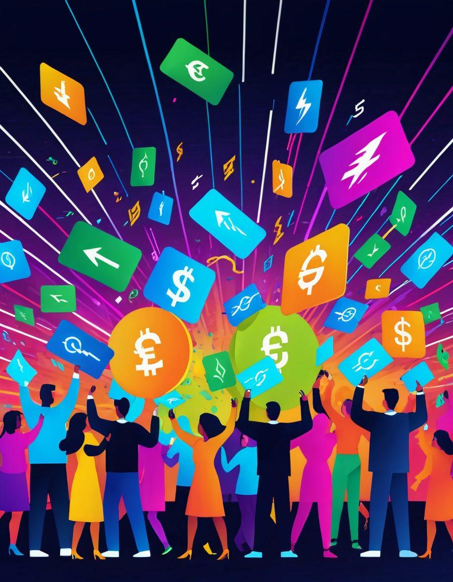 A dynamic and visually engaging scene of a cyber network filled with money symbols, lightning-fast transactions, and people celebrating quick money inflows. Emphasize digital wallets, credit cards, and online transaction icons. Use energetic colors to convey speed and success. vector art. vibrant colors.