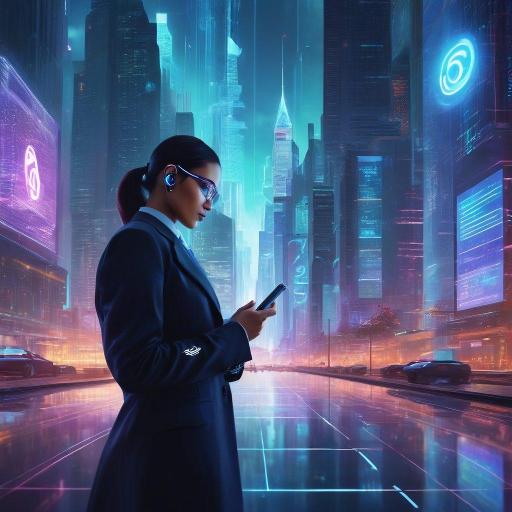 A futuristic cityscape where a business person uses a smartphone to initiate rapid loans and digital transfers, with holographic currency symbols and financial transaction graphs floating around. The image should convey speed, security, and technological advancement. 3D rendering. vibrant colors. cyberpunk style.
